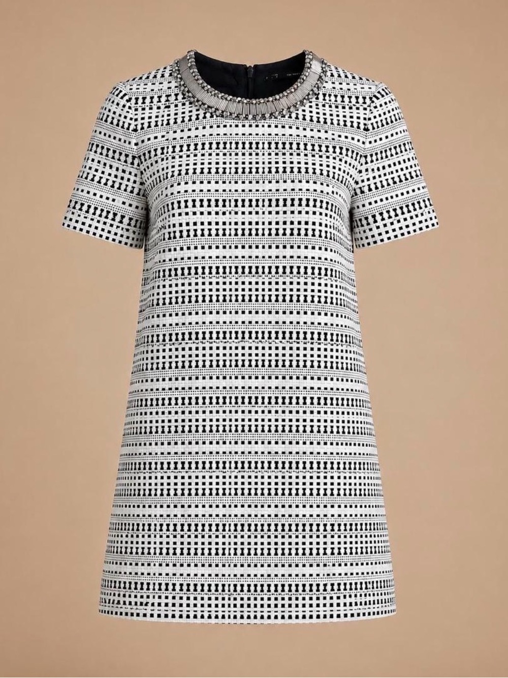 ZARA Textured Black & White Shift Dress with Silver Neck Embellishment Medium